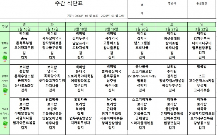 3.16~3.22 식단표